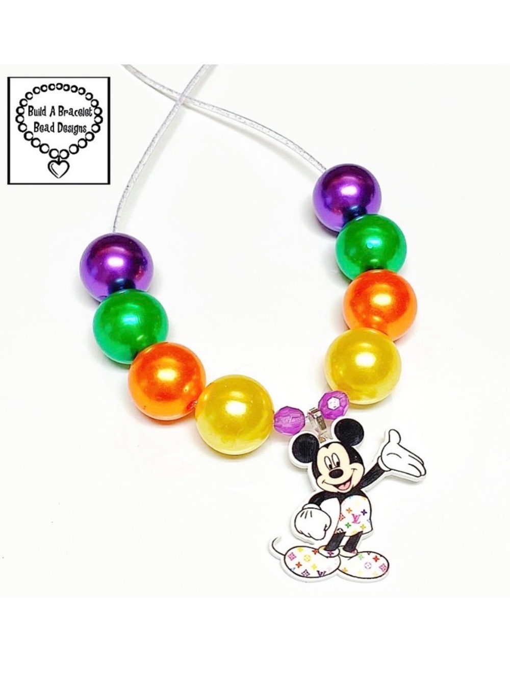Disney Mickey Mouse Rainbow Beaded Necklace Adjustable Girls Women Handmade